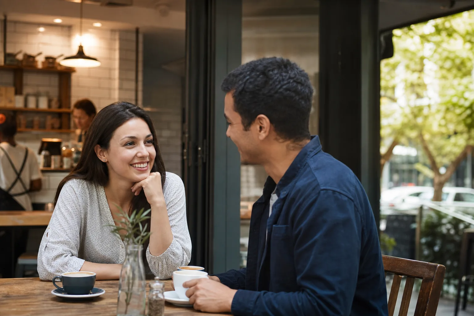 Two adults chatting over coffee at a café in Norfolk