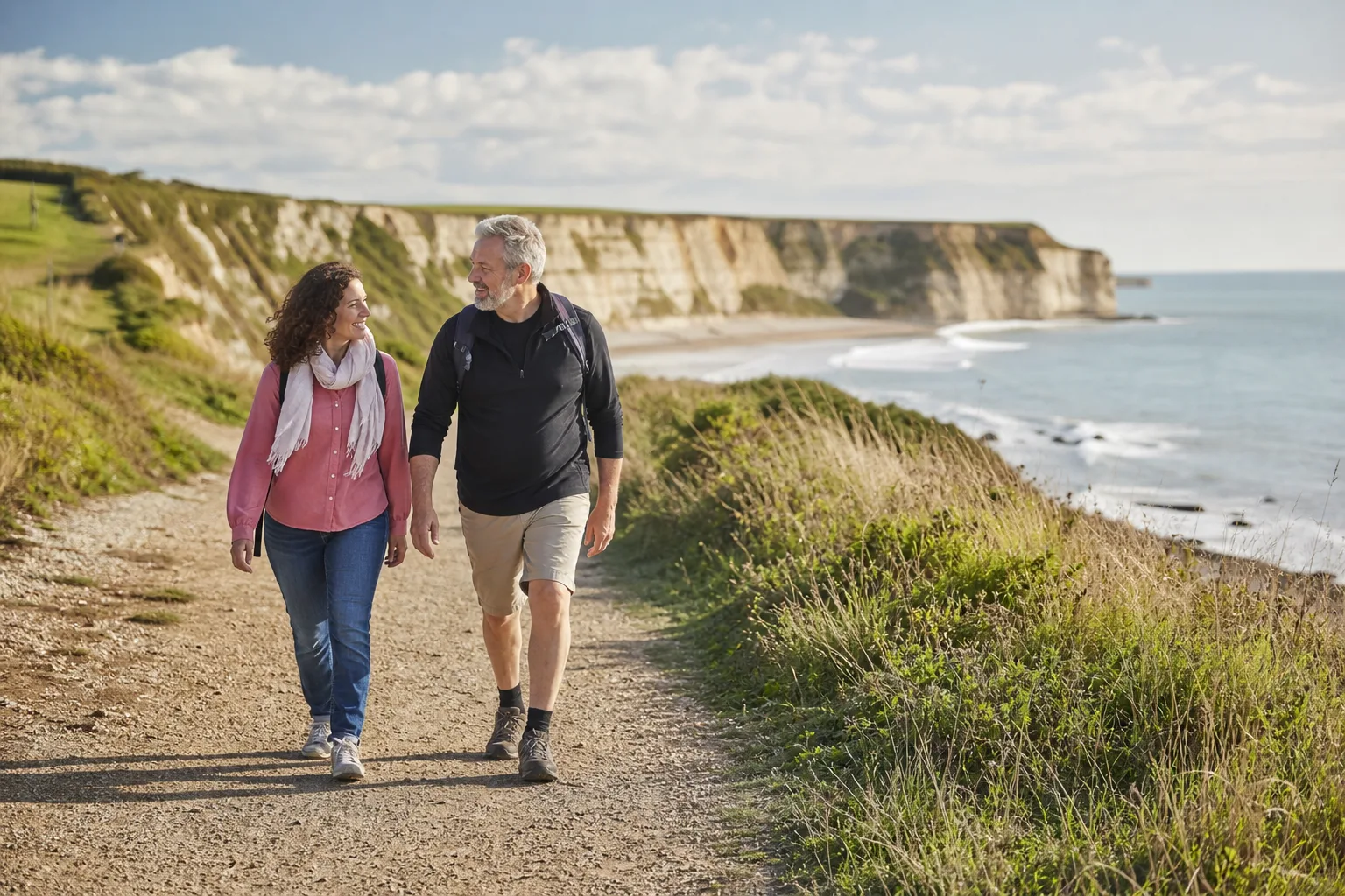 Two people walking beside the water on the Norfolk coast