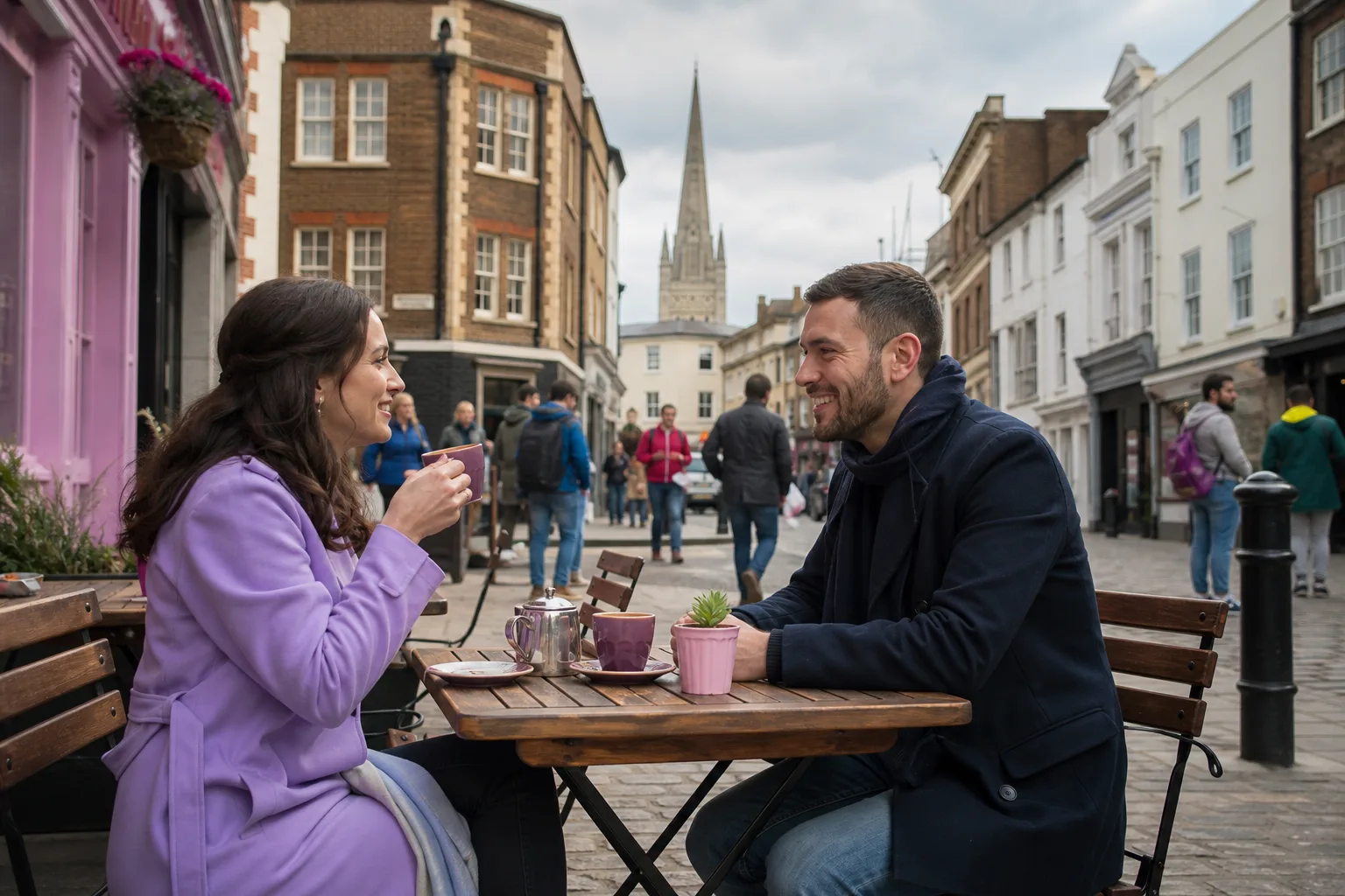 Two people meeting for coffee near Norwich Market