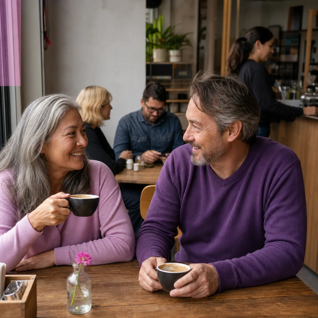 Two mature adults talking over coffee in a Norfolk town
