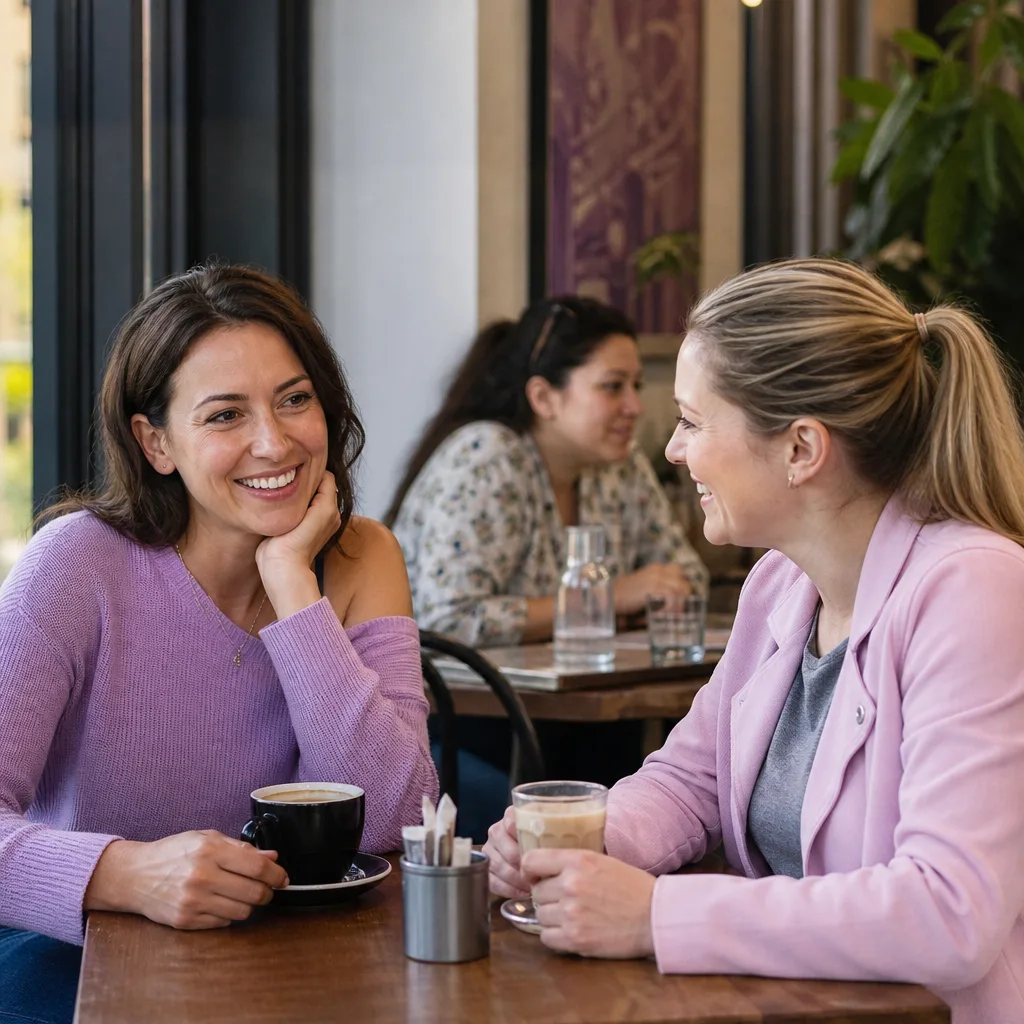 Two adults talking over coffee in a Norfolk town centre café