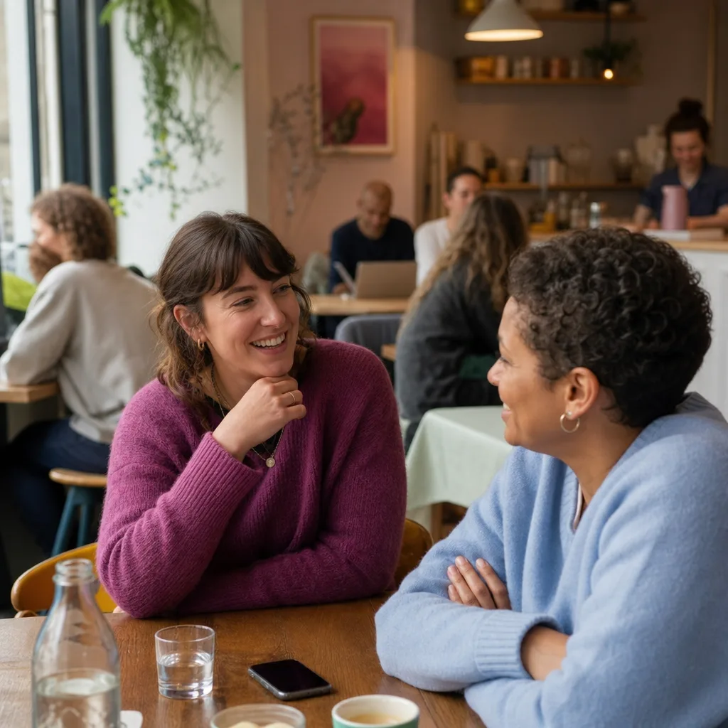 People talking over coffee in a relaxed Norfolk café
