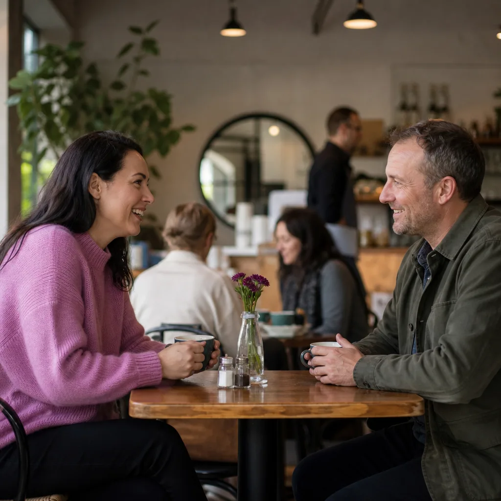 Two adults meeting in a busy public place in King’s Lynn