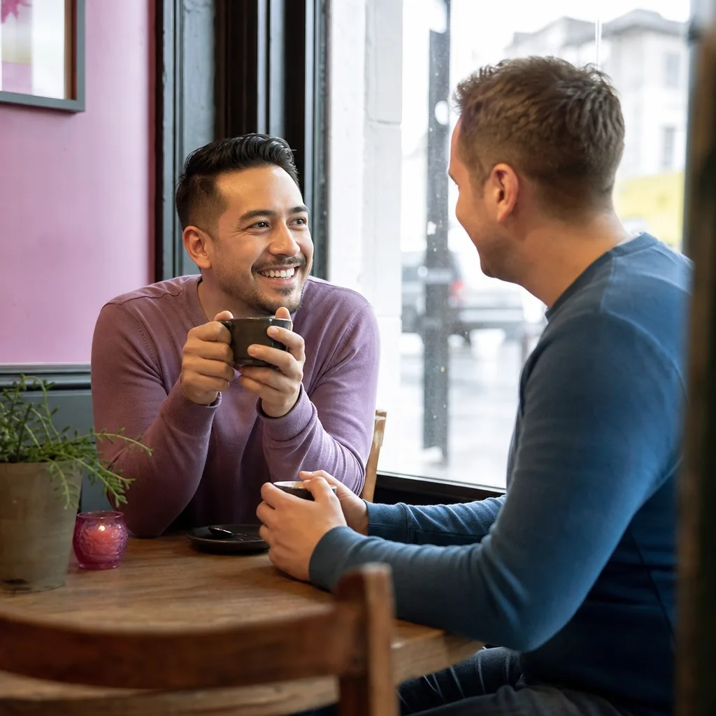 A man checking a dating profile on his phone in a public café