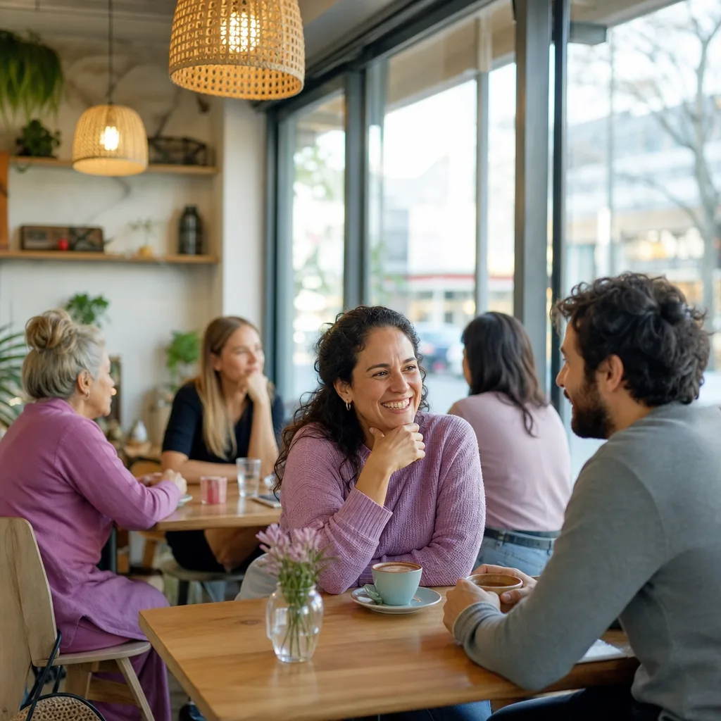 Two people meeting in daylight outside a busy Norfolk café