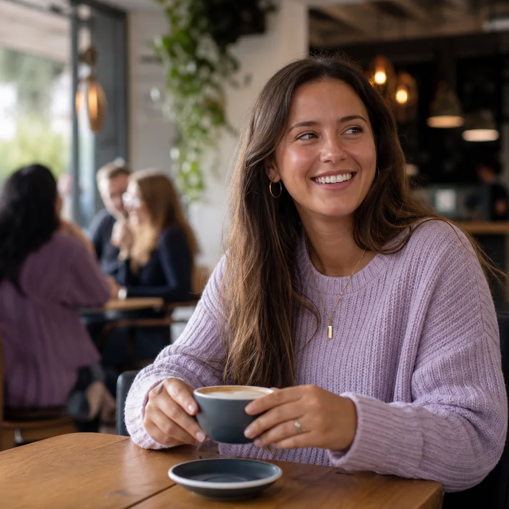 Two adults meeting in daylight outside a busy Norfolk café