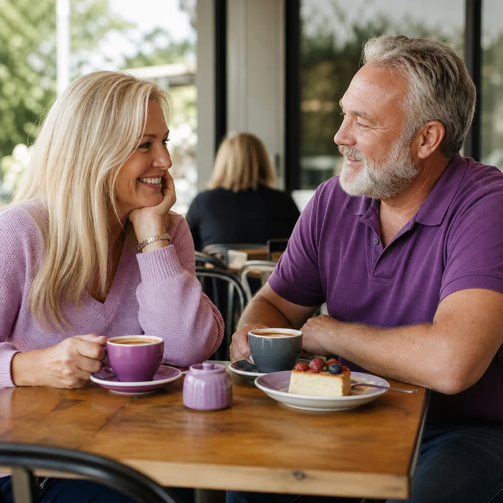 Mature woman creating a local dating profile at home